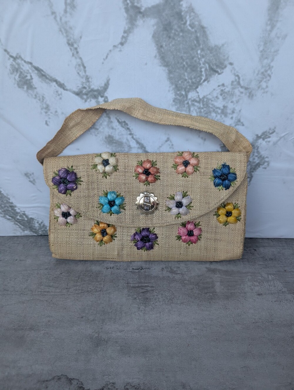 Vintage Bags By Patricia Colorful Floral Straw Turnlock Purse Clutch
